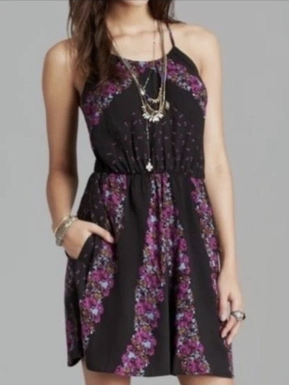 Free People Simona Black Dress with Purple Floral Panels